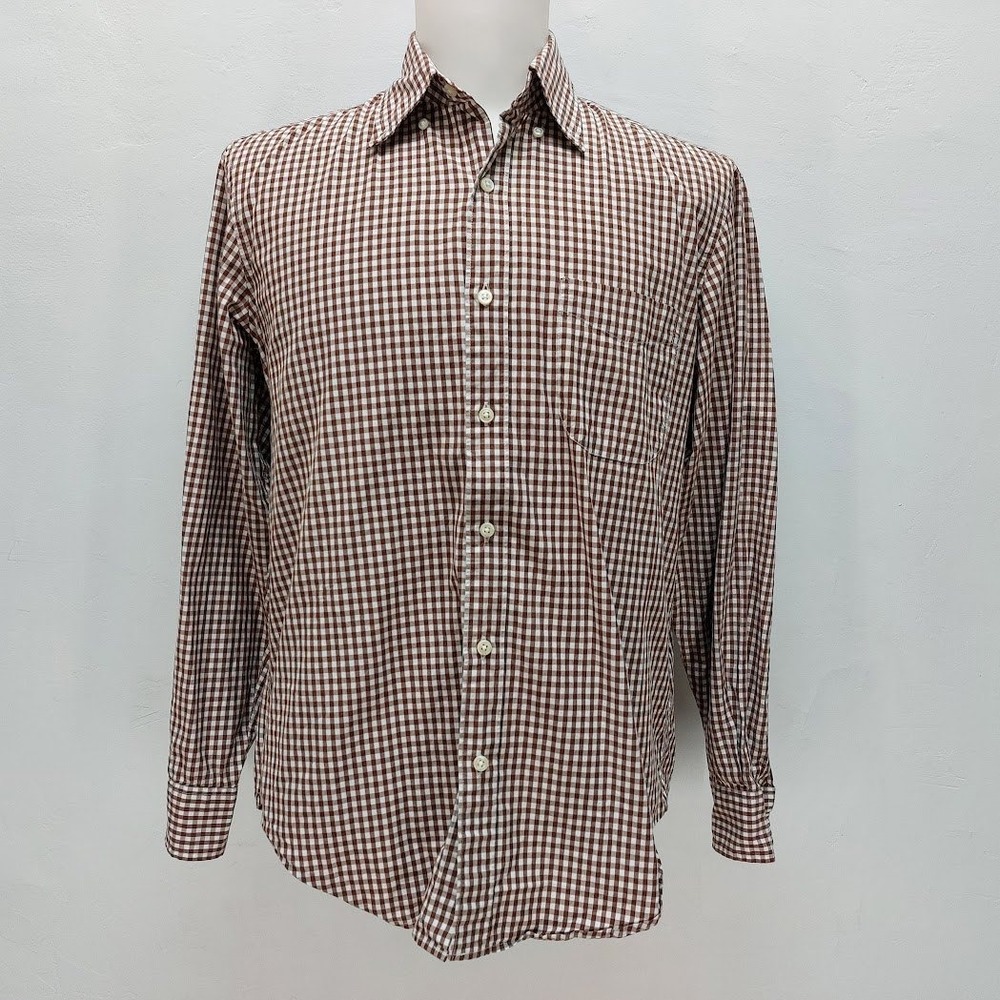 J.Crew Secret Wash Shirt Men's Medium Brown Gingham Relaxed Fit Button Down Long